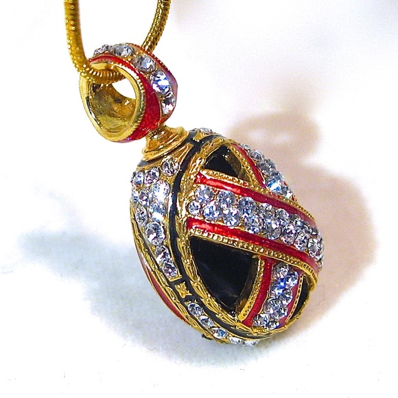 STERLING SILVER  RED Guilloché Enamel Faberge Art Deco Egg Pendant Swarovski - Picture 2 of 8